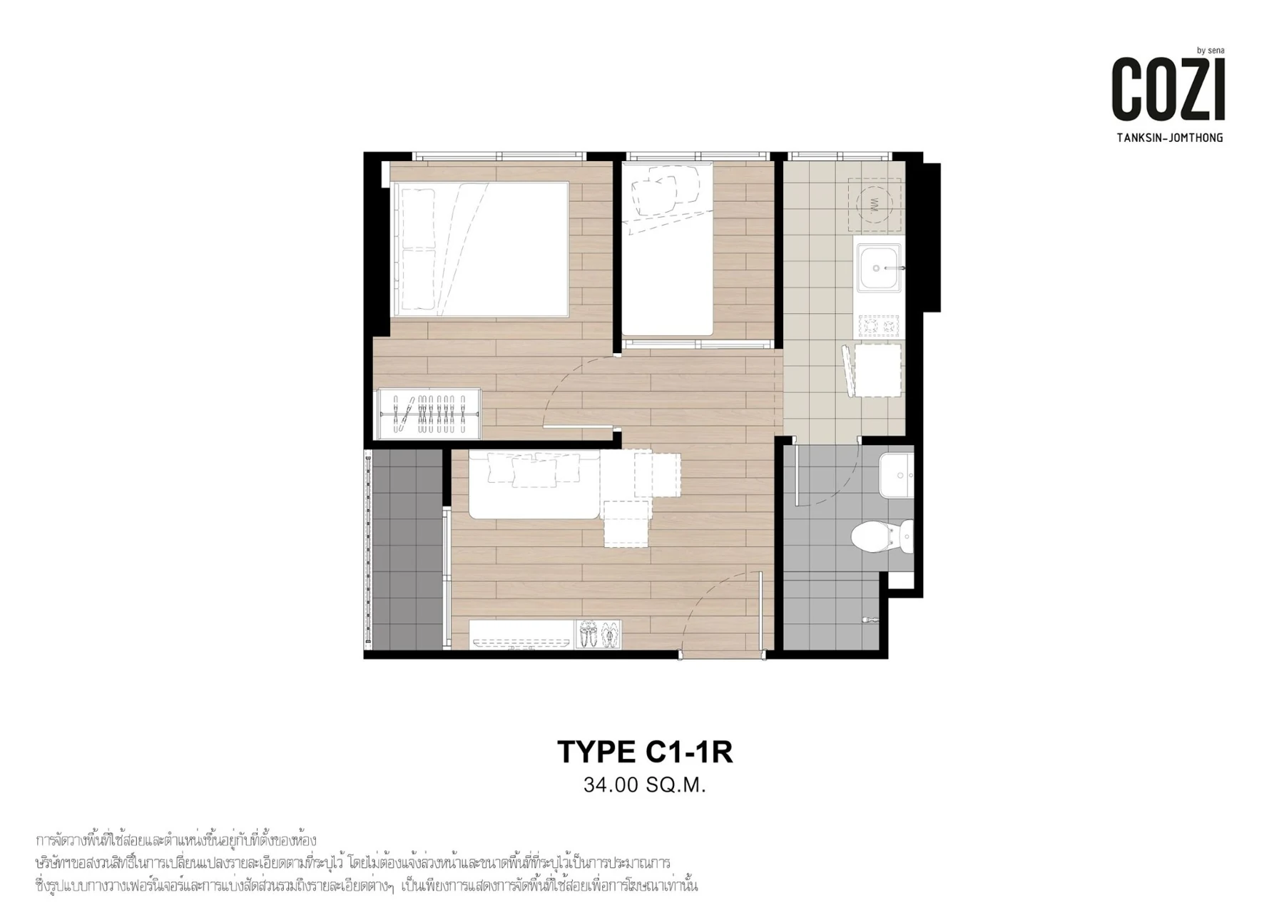 Cozi Taksin - Jomthong · 格局 C1 · 34 m²